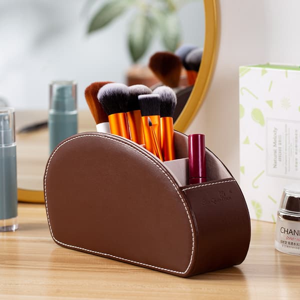 Leather TV Remote Control Holder Desk Organizer with 5 Compartments Brown