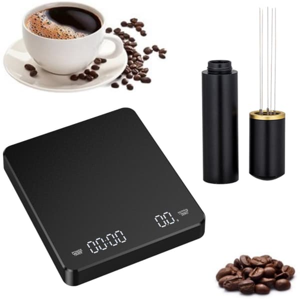 Digital kaffevægt med timer, 0,1g høj præcision 3kg kapacitet, USB C genopladelig LED touch-display til espresso pour over, sort 15x13cm
