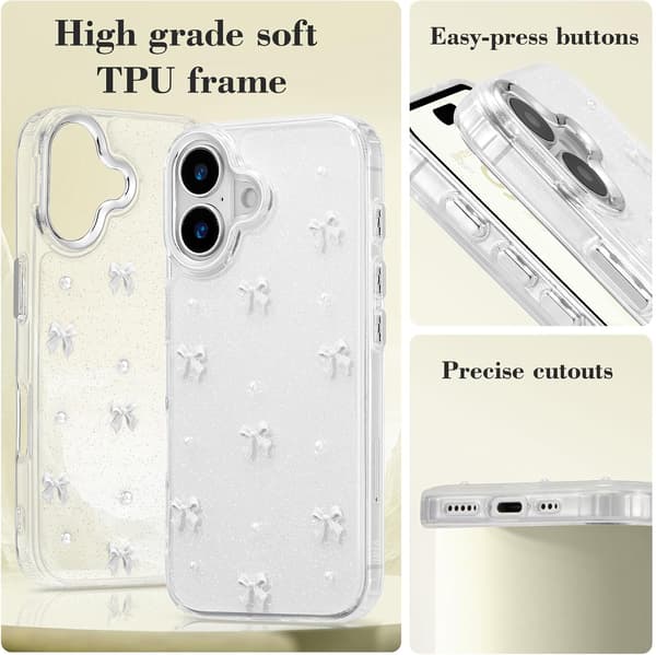 Case for iPhone 16, Bling Glitter 3D Bow Phone Case Cute Glittery Crystal Clear Bow Slim Soft Durable Protective Case White White iPhone 16 iPhone 16 White