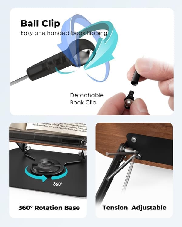 Adjustable Book Stand - 360° Rotating Base, Foldable and Portable - Holds Textbooks, Tablets, and Cookbooks