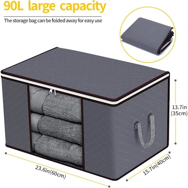 90L Storage Bags 6-pack Foldable Non-woven Clothes Storage Boxes With Zipper Reinforced Handles for Wardrobe Bedroom Dorm Grey
