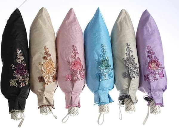 Dameblonde 2-foldbar UV-parasol Sne/Regn/Sol Paraply Broderi Bryllupsparaply