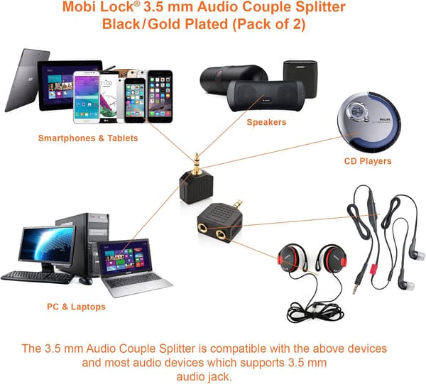 Hovedtelefondeler Y-splitter og han-lydstik til 2 hunstik til iPhone, iPod, iPad og andre Apple-lydenheder 3,5 mm deler (2-pak) Sort
