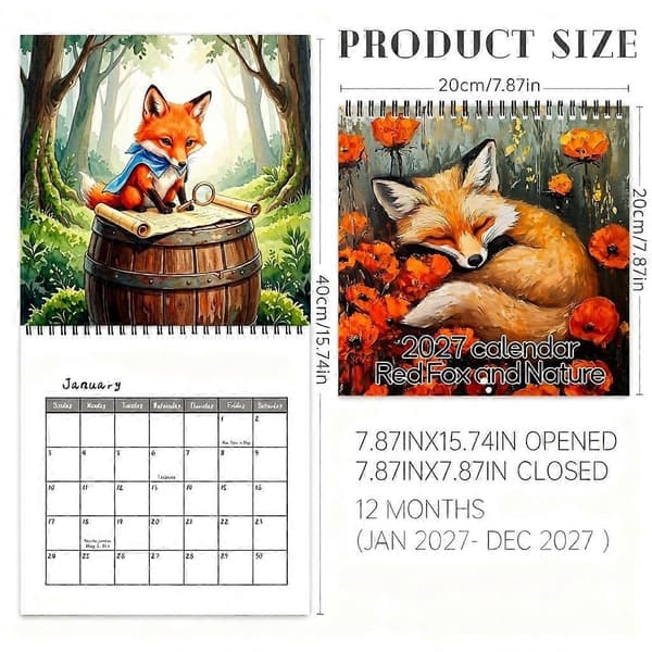 2027 Konstväggkalender, Sovande Räv Och Orange Blommig Design, Spiralbunden Organiserare, 12 Månaders Daglig Schemakalender 1 st 1pcs
