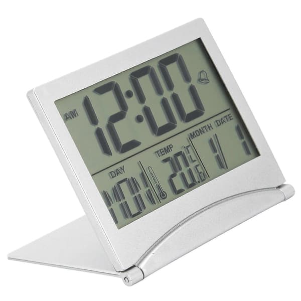 Kompakt hopfällbar reseväckarklocka med kalender, temperatur och timer