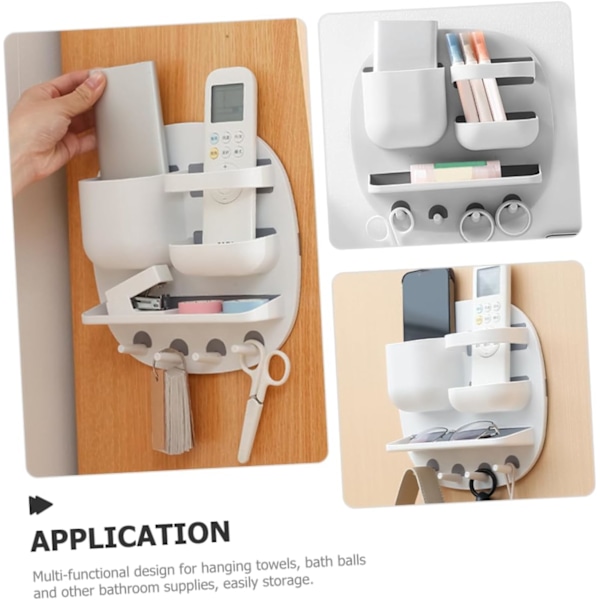 Wall Shelf Bathroom Multifunctional Organizer 3 Compartments Tray Hooks White