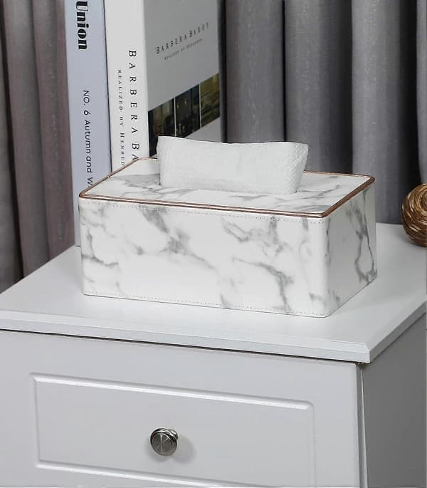 Rectangular PU Leather Tissue Box Facial Tissue Dispenser Box Holder for Vanity Bathroom Decor (White Marble Pattern)