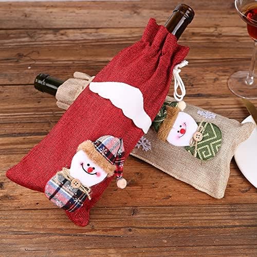 6-pack julvinsväskor med dragsko, återanvändbara julväskor i säckväv för vin, jultomte, ren, snögubbe