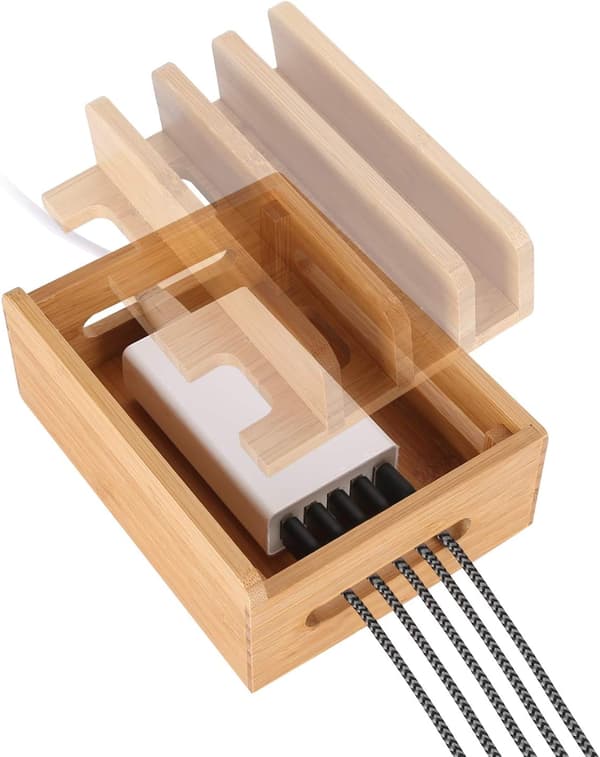 Multienhedsstativ i bambustræ til skrivebord, ladestation, ladedock, holder til iPhone 14 13 12 11 Pro Max XS iPad Mini 4