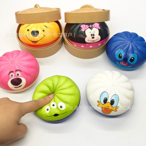 Stressavlastande leksak, Bun Squishy Set, söt, mjuk, långsamt stigande matdesign med korgdisplaylåda, present till barn och vuxna a