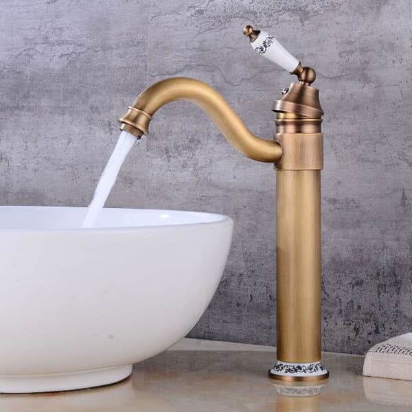 Brass basin mixer with high 360° swivel spout, adjustable for hot