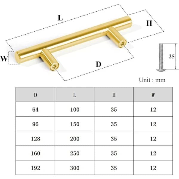 10 Gold Kitchen Cabinet Handles, 192mm C/C, Stainless Steel - 10-pack