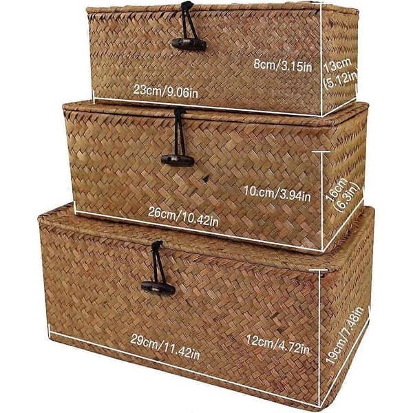 Rattan Storage Box with Lid - Seaweed Basket and Organizer Set - Rectangular Design M M
