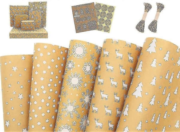 Kraft Christmas Wrapping Paper Roll, Gift Wrap 5 Patterns 99 cm X 43 cm