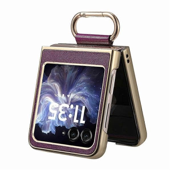 Compatible with Motorola Razr 60 Case Electroplating Leather Coated PC Phone Case with Spring Ring Buckle and Kickstand