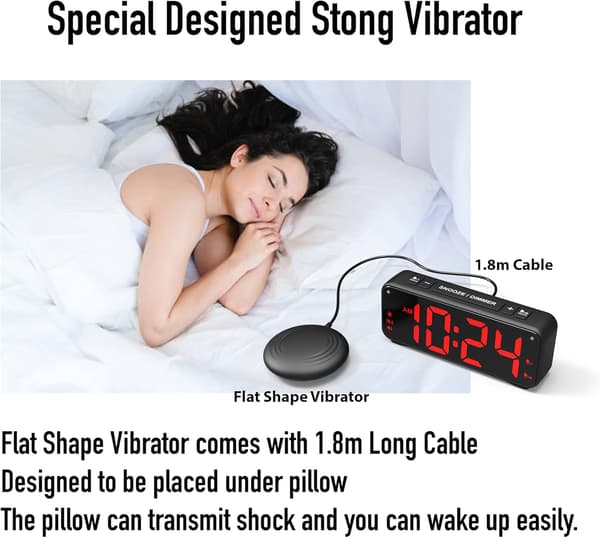 Vibrerende vækkeur med sengevibrator, 110dB høj alarm, stort LED-display til dybe sovende, døve og hørehæmmede, hvid White