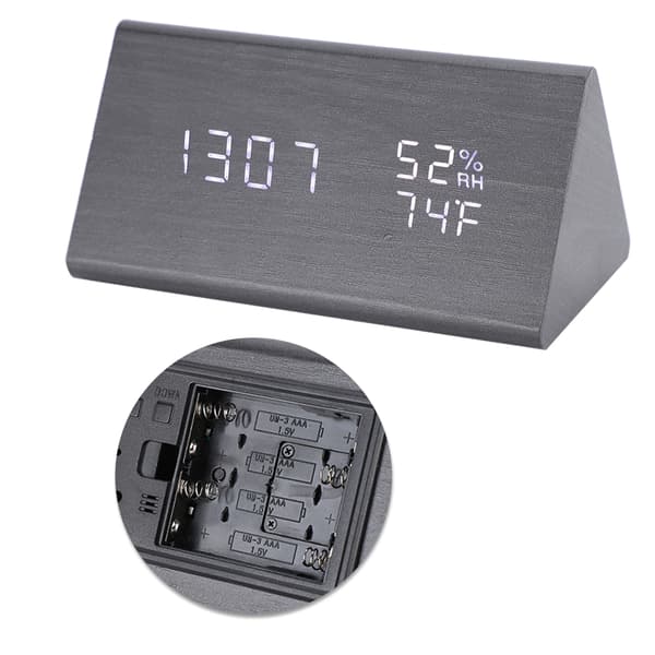 Digital LED Wooden Table Clock Voice Control Triangular Temp Humidity Alarm White Light