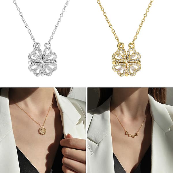 Four Leaf Clover Necklace, Magnetic Foldable Heart Clavicle Chain, Open Collar Pendant, Women