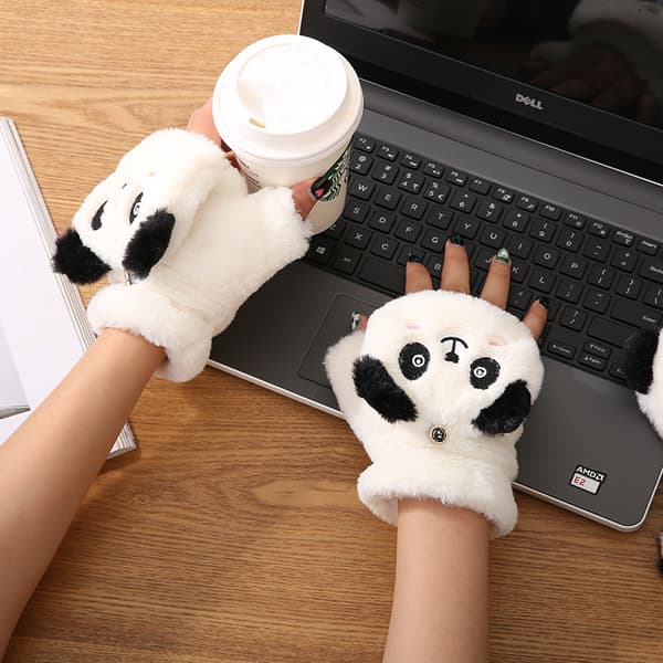 1 par Dam Daglig Söt 2-i-1 Flip Handskar Halv Finger Tecknad Panda Vinter Varm vit white