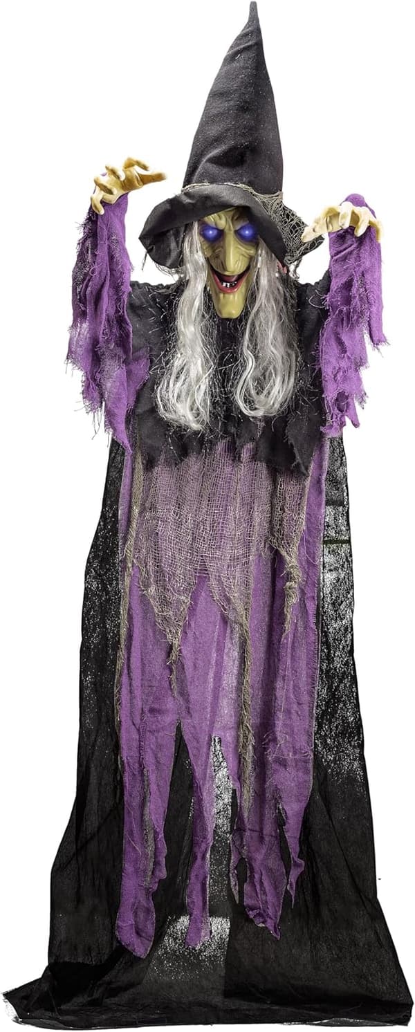 Animoidun lentävän noidan Halloween-koriste hehkuvilla silmillä ja äänellä -FA-