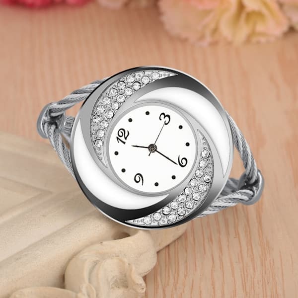Geekthink Rhinestone Quartz Analog Watch Open Bangle Alloy Case Wristwatch Silver White