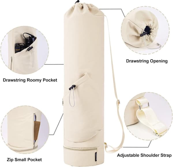 Yogamattväska med vattenflaskficka och våtficka, beige, 78x19cm