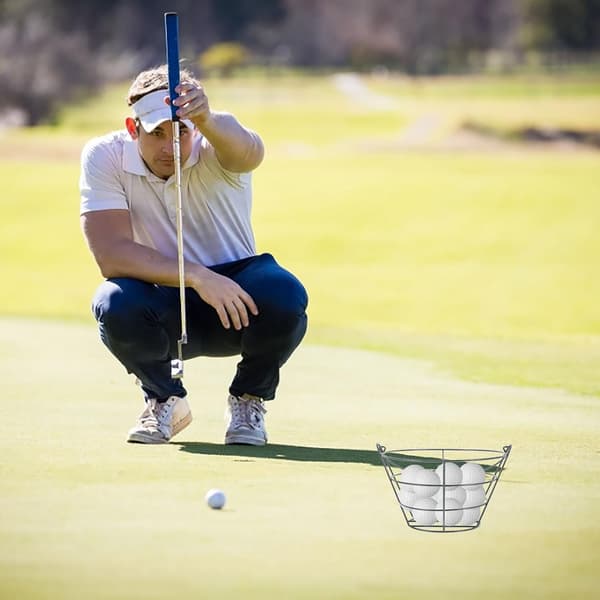 Golfboldkurv af stål med greb, sølv golfboldbeholder til 30 bolde, minimal opbevaringsplads, udendørs golftræning