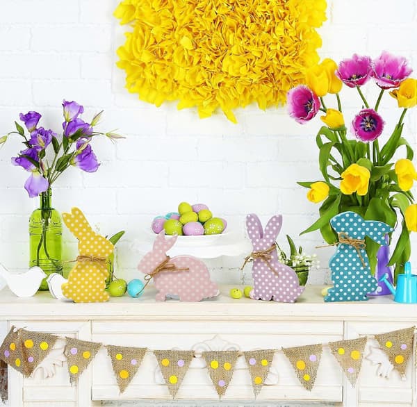 Easter Bunny Table Decoration Centerpiece Set, 4 Pastel Rabbit Designs for Spring Holiday Home Decor (FMY)