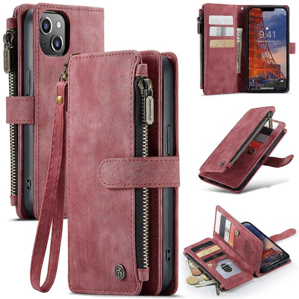 För iPhone 14 Plus CaseMe C30 Multifunktionellt Läderfodral för Telefon Röd Red