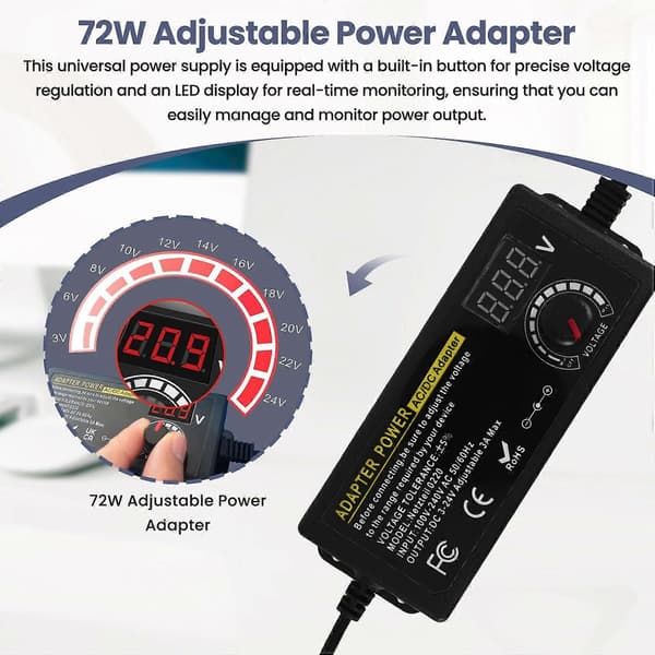 24V3A 72W Universal Power Supply, AC to DC 3V-24V Adjustable Power Adapter with LED Voltage Display
