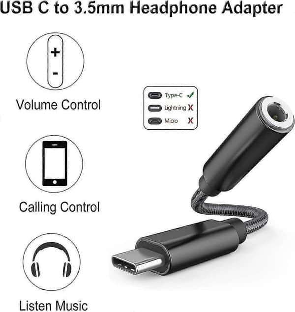 3,5 mm til USB C-lydadapter, USB Type C hovedtelefonstikkonverter til smartphones og bærbare computere