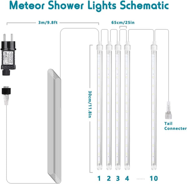Utendørs julelys 30 cm 10 rør 240 LED meteorregnlys vanntett IP44 lysslynge, kaldhvit