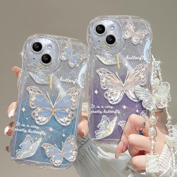 Blå: iPhone-deksel for kvinner/jenter – søt sommerfuglglitter med armbånd, ripebestandig støtsikker – blå Blue iPhone 13 Mini Blue iPhone 13 Mini Blue iPhone 13 Mini
