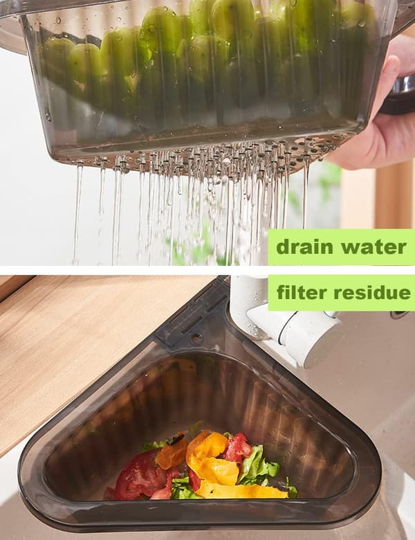 Sink Drain Basket with Strainer, Triangular Sink Drain Basket, Sink Food Drain Basket with Retractable Clips (Black)