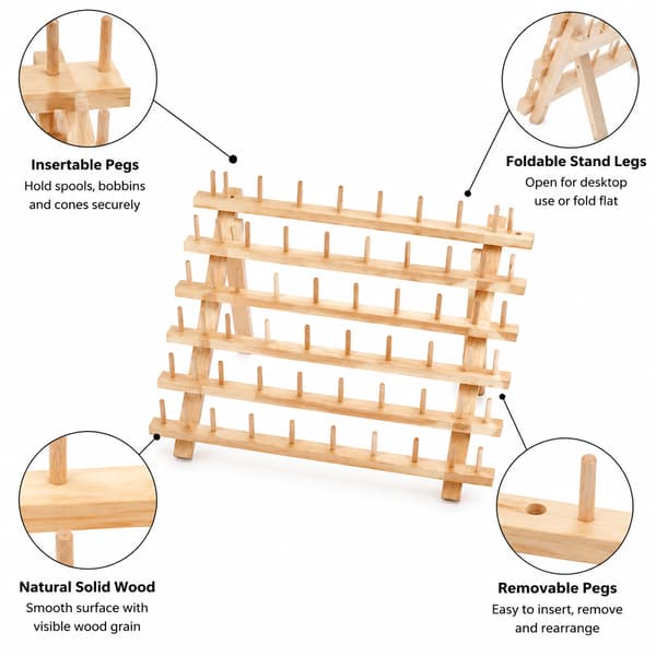 Wooden Thread Rack with 60 Spools, Foldable Sewing Thread Rack with Insertable Pegs for Embroidery, Quilting, and Hair Braiding 60 Axis 60 axis