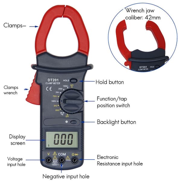 DT201 Digital Tangamperemeter Multimeter 1000A AC/DC Spændingstester 1999 Tællinger Hz NCV Kapacitans Ohm Diode Test