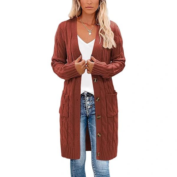 Women's Long Cardigan, Cable Knit Sweater, Long Sleeve Open Front, Button Down Cardigans with Pockets for Fall Winter Wine Red S