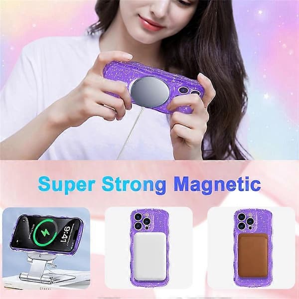 Kompatibelt magnetisk deksel til iPhone 15 Pro Max, bølgeformet kant, glitter TPU-bakside Rosa Pink