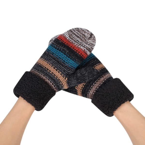 Dam vinter stickade fleecefodrade stickade damer full finger förtjockade vinter varma handskar randiga design stickade handskar (svart)
