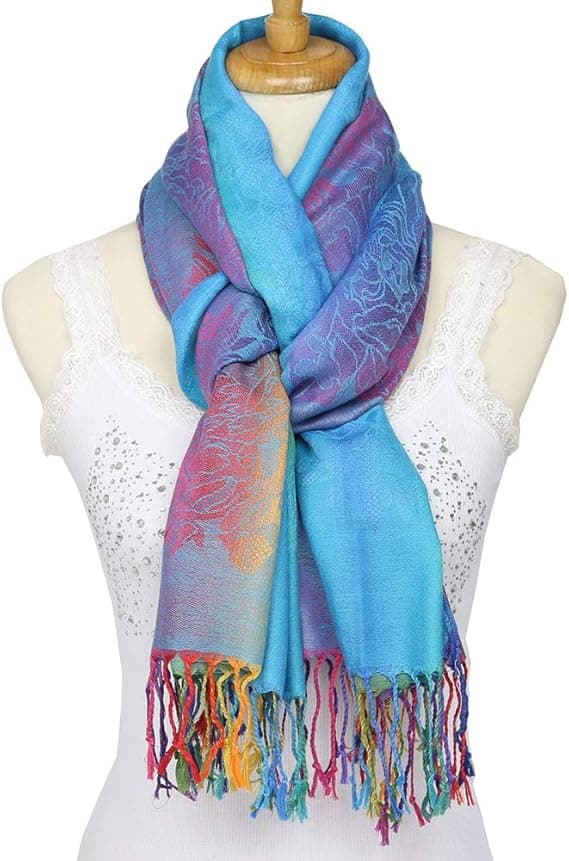 Fargerike blomster Jacquard bomullspashmina Kvinne Wrap Sjal frynser Skjerf, Blå