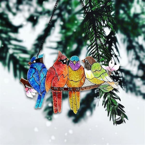 Birds on a Branch Stained Glass - Stained Glass Window Hanging, Double-Sided Panel, Window Decoration