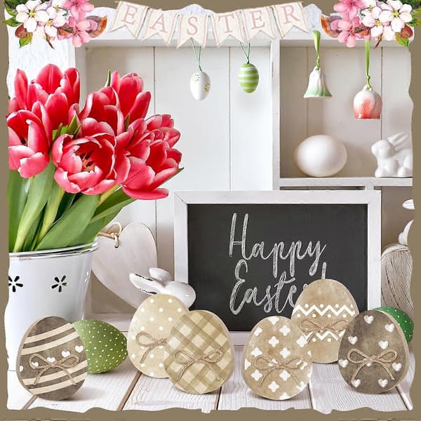 Easter Bunny Table Sign Wooden Rabbit Shaped Rustic Decor with Rope and Easter Eggs for Home Office Party Centerpiece (FMY)