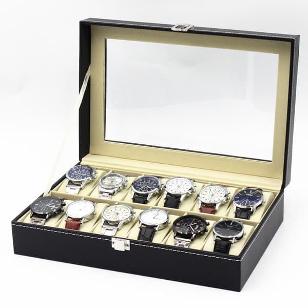 Watch box for 12 watches with window black with white stitching Black
