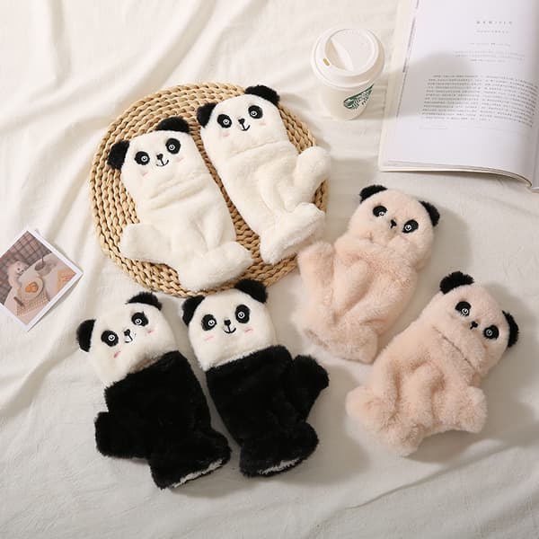 1 par Dam Daglig Söt 2-i-1 Flip Handskar Halv Finger Tecknad Panda Vinter Varm vit white