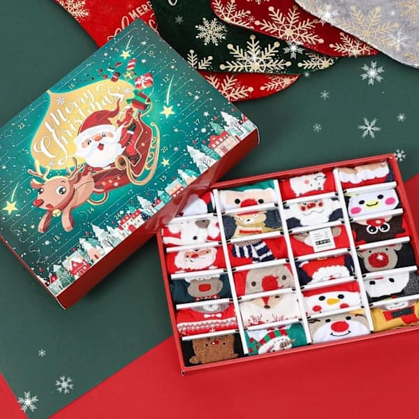 [PL】Julestrømpe Julekalender 2025, Jul 24 Dage Digital Nedtælling Blind Box Legetøj Julestrømper Sæt, 12 Par Unisex Strømper