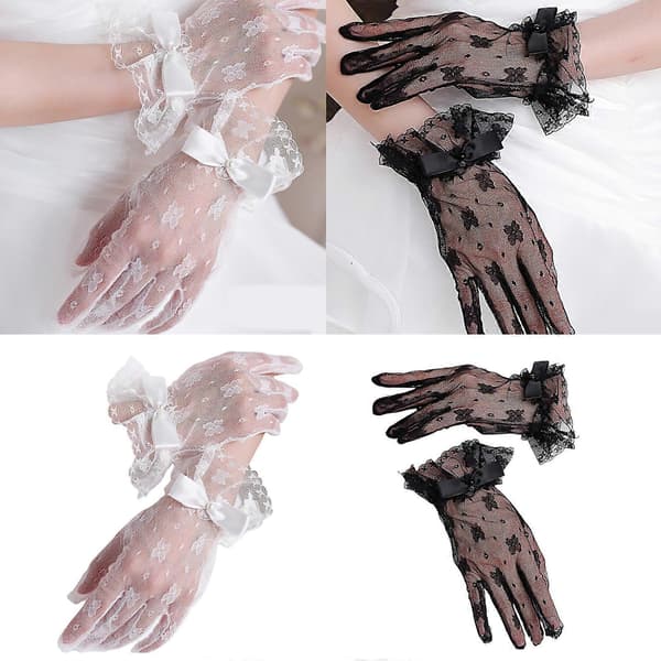 1 par elastiske meshhandsker sløjfe damehandsker mode prinsesse bryllupshandsker til bryllup og fashionable begivenheder hvid Hvid White