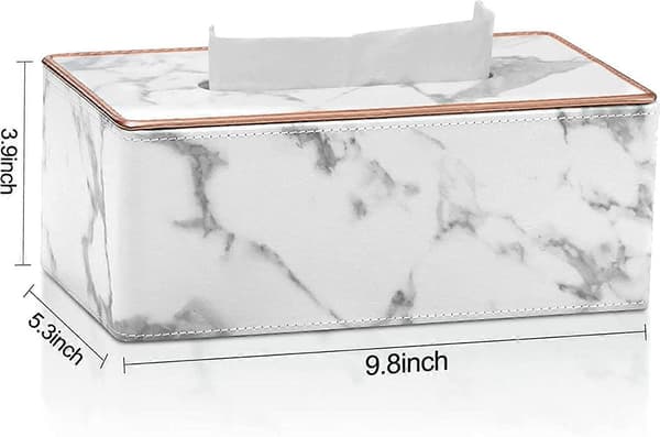 Rectangular PU Leather Tissue Box Facial Tissue Dispenser Box Holder for Vanity Bathroom Decor (White Marble Pattern)