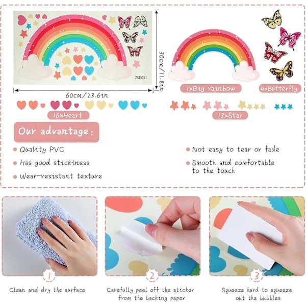 Luminous Large Rainbow Wall Decals Removable Star Butterfly Heart Wall Stickers