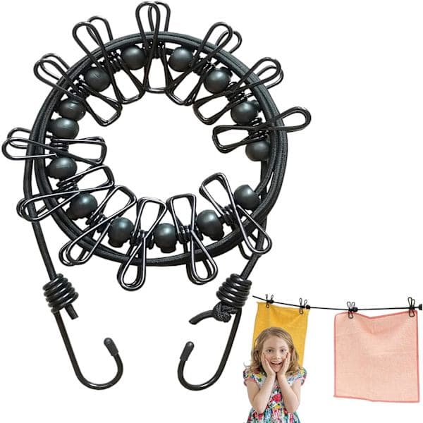 Reisevaskesnor for backpacking, sklisikre klips, elastisk tau, bærbar og plassbesparende design (kan forlenges til 360 cm)