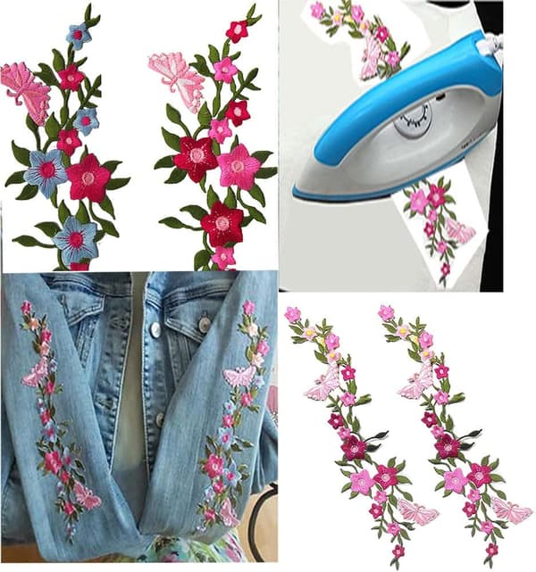 2 stk nye sommerfugler blomster broderte lapper, blomstrete blonde stoff